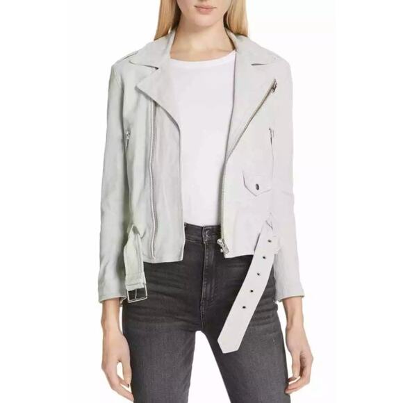 IRO Guape Lamb Leather Suede Biker Moto Jacket in Light Blue Size 36/US 4 - Picture 1 of 13